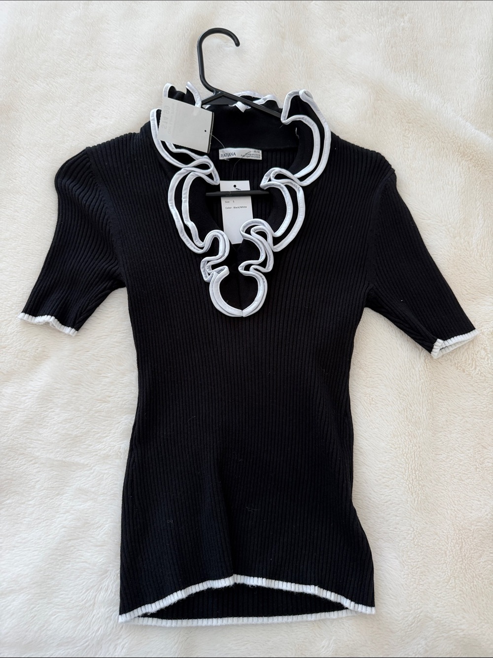 Black V-Neck Ruffle-Trim Ribbed Sweater